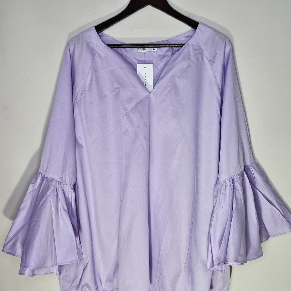 Harshman Blouse Zenaida Lilac Purple Flared Bell Sleeve Plus Size V-Neck Casual - Picture 4 of 10